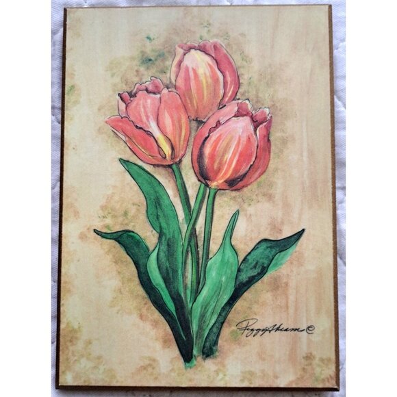 Set of 4 Floral Watercolor Resin Wall Tiles Signed Peggy Abrams - Picture 6 of 10